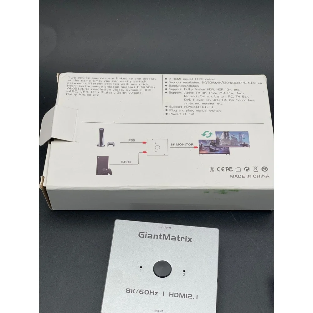 GiantMatrix 2-Port HDMI Switch 8K 60Hz 4K 120Hz Splitter Silver Excellent‎
